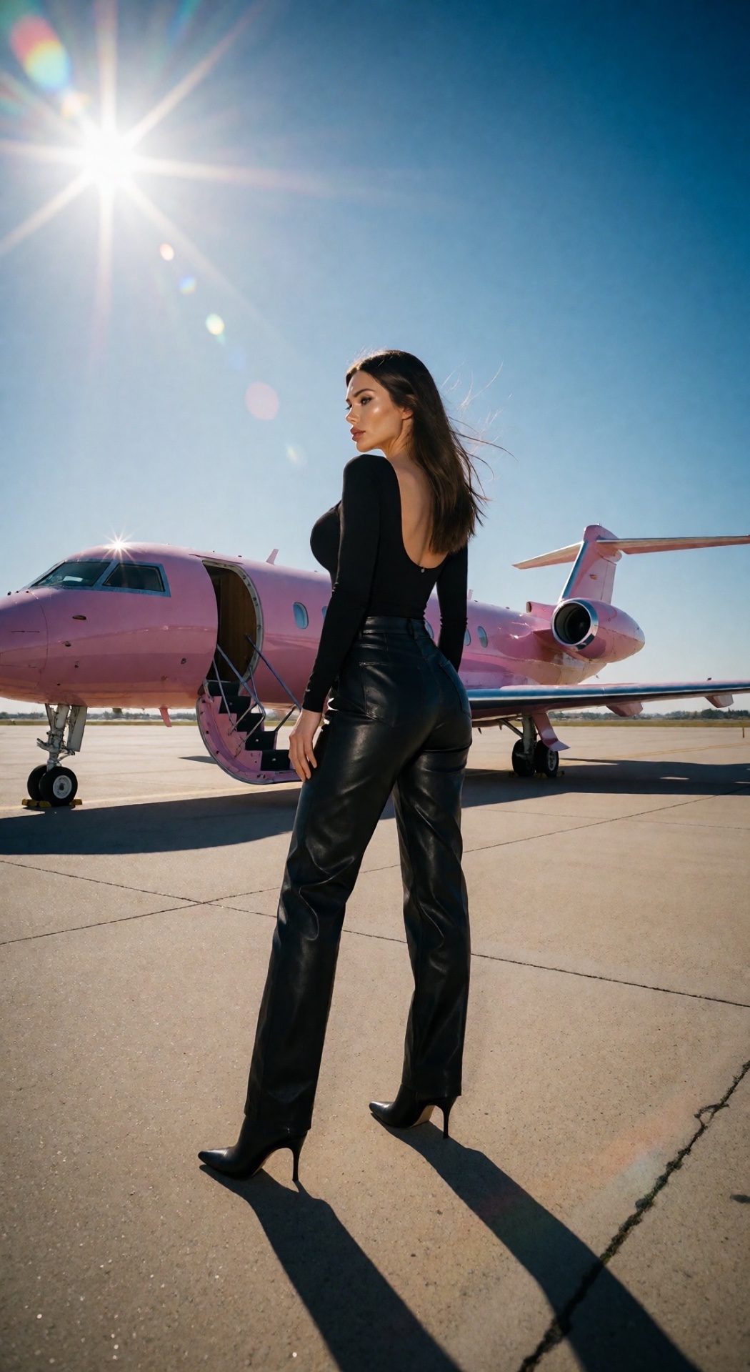 Woman in black beside a pink private jet under intense sunlight